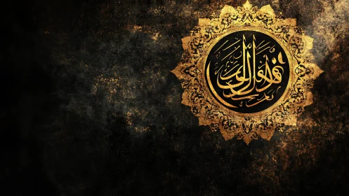 Golden calligraphy medallion glows like a quiet celestial sun