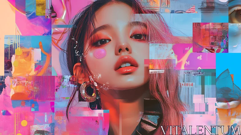 Neon dreamgirl leans through glitchy pixels and painted noise