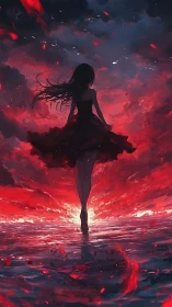 Silhouetted girl strides over crimson sea under storm clouds
