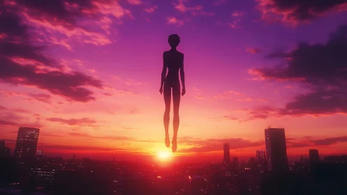 Sunrise silhouette drifting above a glowing city skyline.