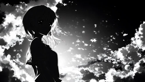 Silhouetted anime figure against high contrast cloudy sky.