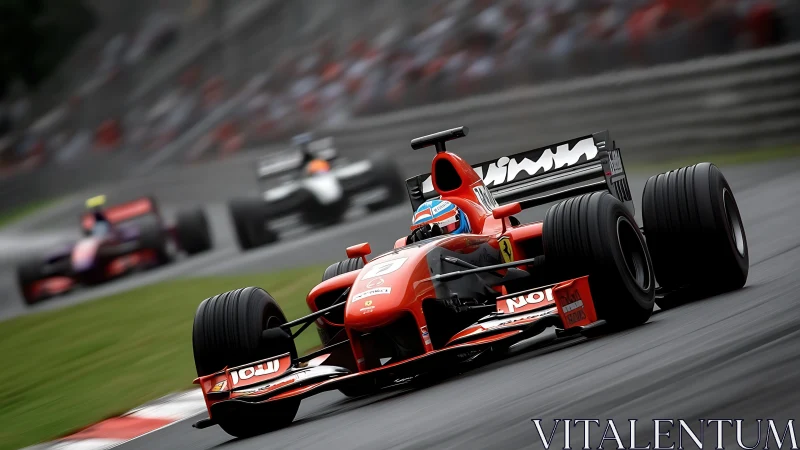Red Formula racing car leads dynamic high-speed circuit