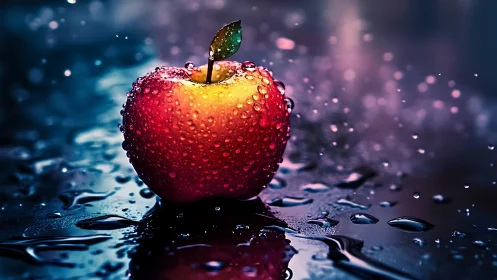 Red apple with water droplets on reflective wet surface.