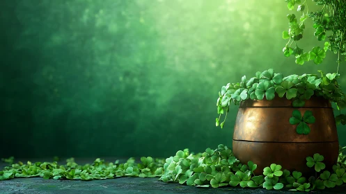 Copper pot filled with green clover leaves on dark surface.