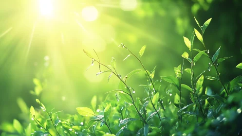 Fresh Green Leaves with Sunlight and Dew, Nature Photography.