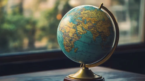 Desk globe showing Africa and Eurasia in soft daylight.