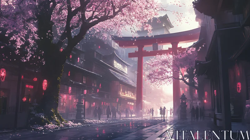Cherry blossom street with torii gate in soft evening light.