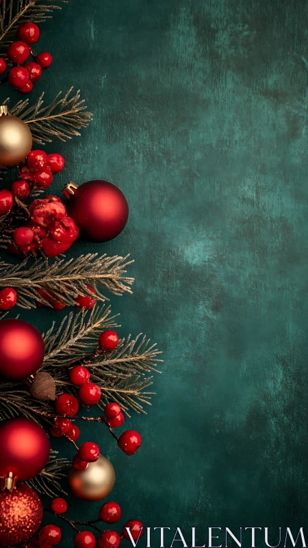 Festive red ornaments on teal textured Christmas backdrop.