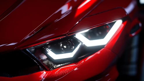 Red supercar headlight macro with LED geometry glow.