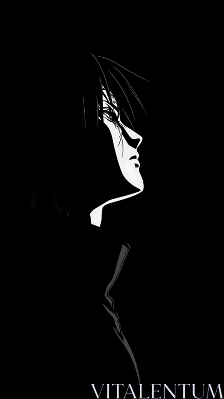 Monochrome profile illustration isolates a stylized character