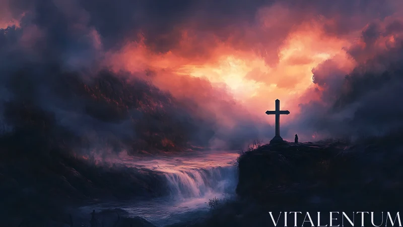 Lonely cross overlooks roaring waterfall at fiery dawn.