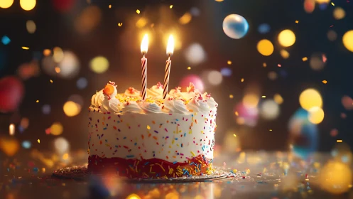 Birthday Cake with Candles Shining in Golden Light.