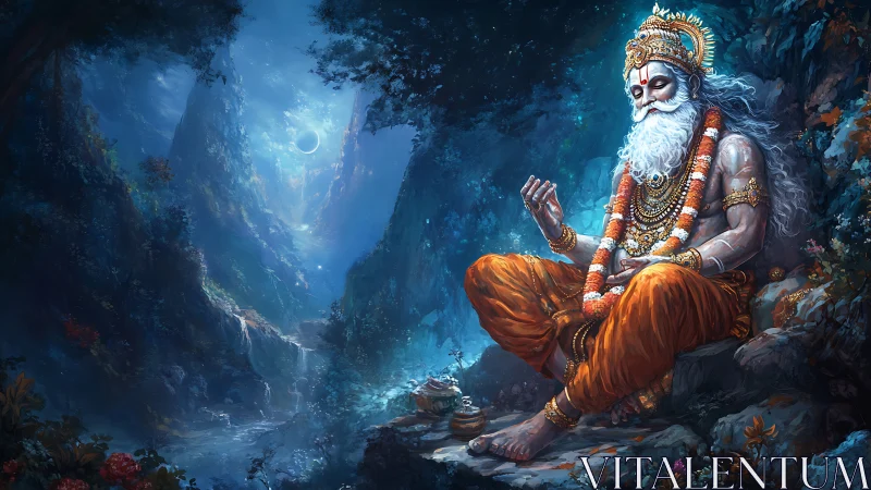 Mystic sage meditates beneath a moonlit enchanted valley.