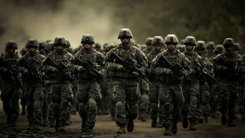 Modern infantry unit advancing along dusty outdoor terrain.