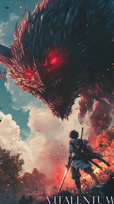 Swordsman confronts massive red-eyed beast in burning forest