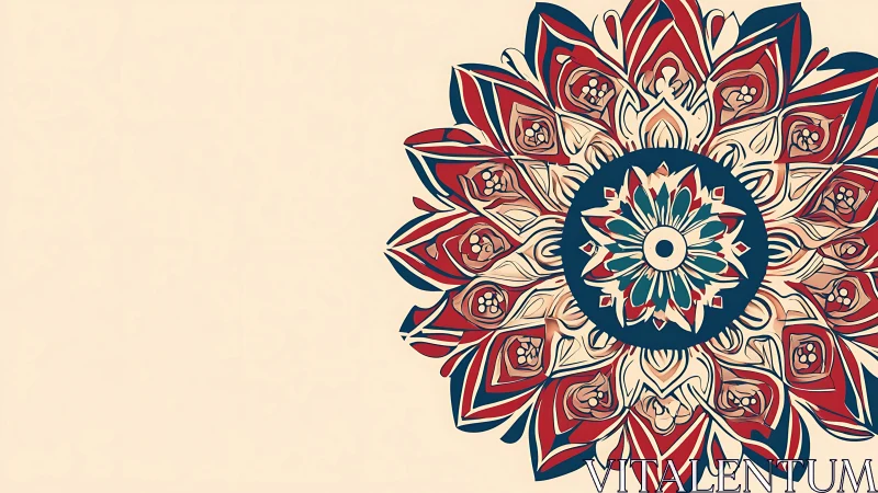 Intricate red and teal mandala blooms on pale beige field