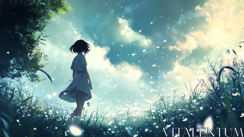 Summer breeze daydream with a girl in a glowing meadow.