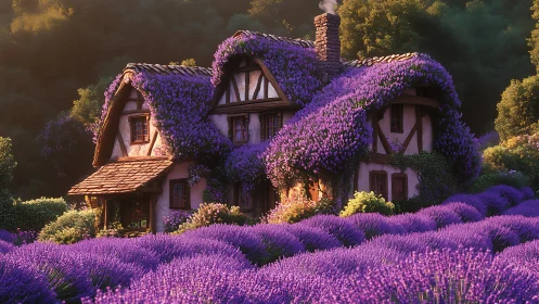 Lavender-covered cottage nestles in golden evening light