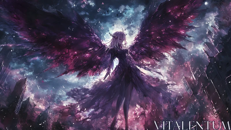 Winged figure stands over ruined city in cosmic storm