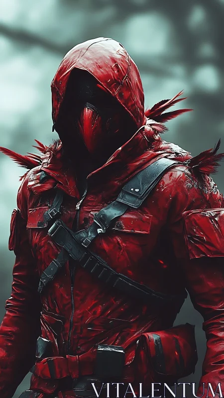 Mysterious crimson wanderer in a stormy forest world.