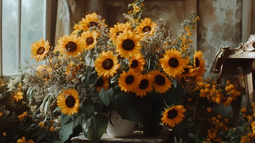 Sunflowers arranged in ceramic vessel near window opening