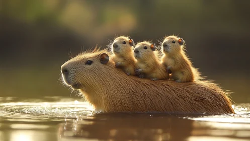 Capybara mother with three pups riding on back in warm water