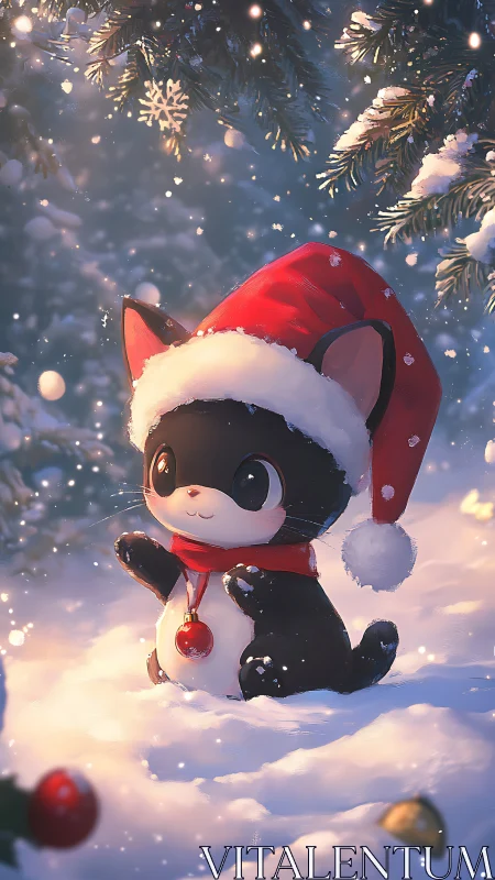 Snow-dappled Santa kitten crowns the quiet winter hush.