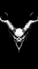 Demonic horned skull illustration on stark black field.