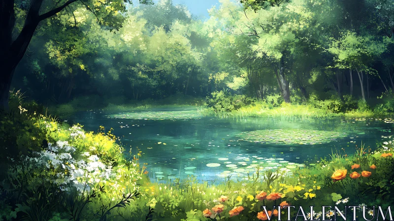 Sunlit forest pond with lilies rendered in serene digital painting