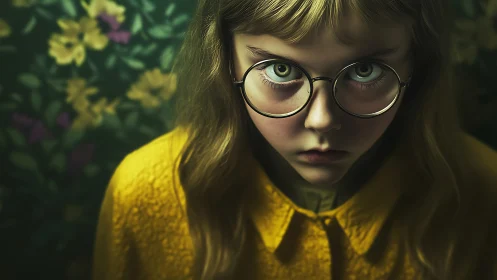 Intense young girl in glasses stares with eerie focus.