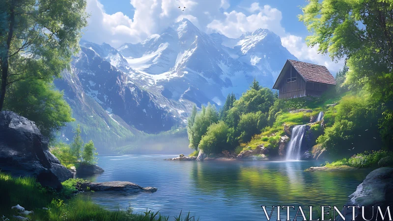 Quiet mountain cabin beside a gentle waterfall and lake.