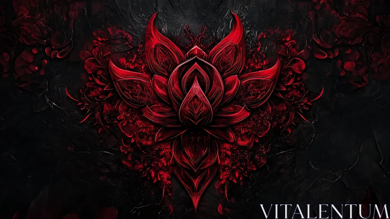 Radial crimson lotus relief with high-contrast textured petals