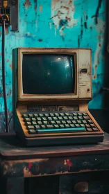 Aged CRT terminal with dust, corrosion and teal keycaps in focus