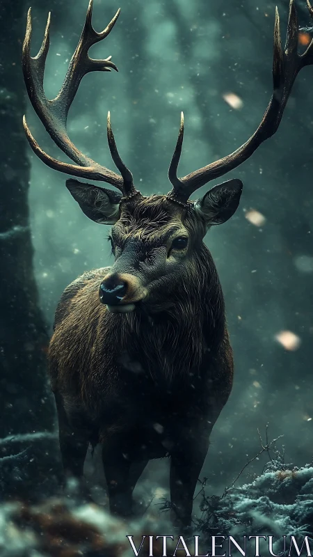 Stag stands in snowy forest under diffuse teal winter light
