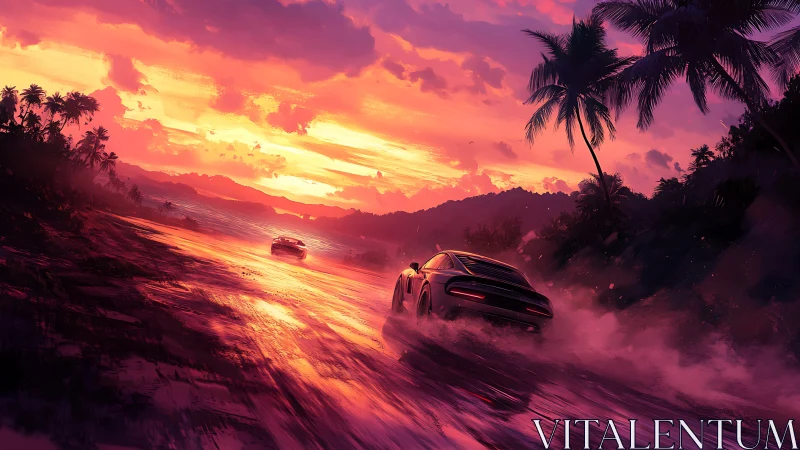 Sports cars race along wet tropical coast at vivid sunset