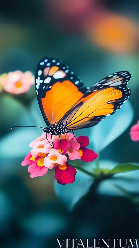 Monarch butterfly on pink lantana flowers in soft focus field.