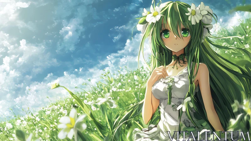 Green-haired meadow muse under bright summer skies.