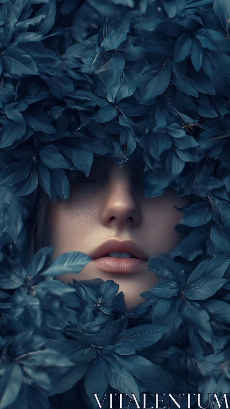 Whispered portrait beneath lush teal foliage veil.