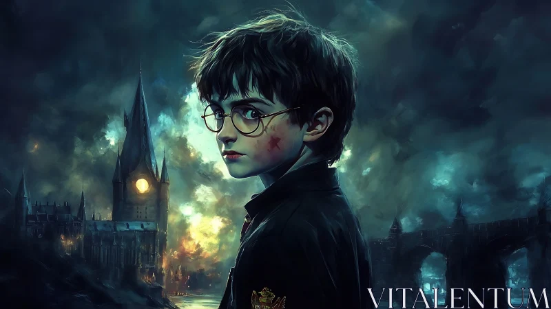 Young wizard portrait in storm-lit gothic fortress scene.