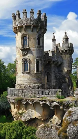 Medieval stone turreted tower on rocky cliffside balcony