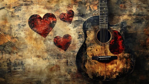 Weathered acoustic guitar and hearts evoke rustic romance.