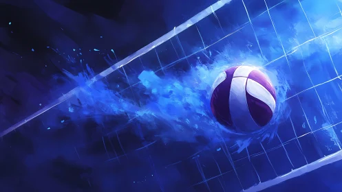 Volleyball slams through a neon net in electric blue motion