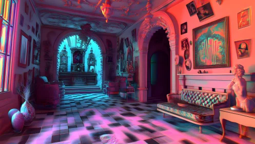 Surreal neon-lit vintage parlor with art deco decor and ornate arches.