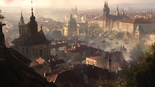 Elevated cityscape depicts dense riverside architecture at dawn