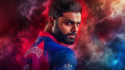 Cosmic cricket warrior framed in blazing red and blue haze.