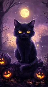 Black cat with amber eyes sits before full moon and jack-o-lanterns.