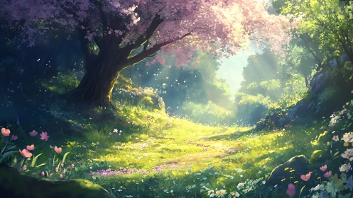 Enchanted Forest Glade: Luminescent Pathway in Digital Illustration.