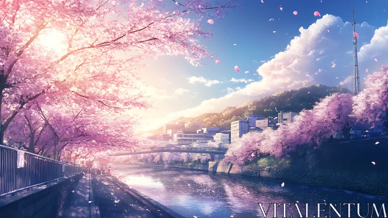 High dynamic range riverfront sakura promenade under backlit sunset