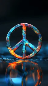 Vibrant 3D peace symbol with reflective water surface