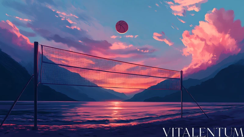 Volleyball net over glowing shoreline at vivid sunset.